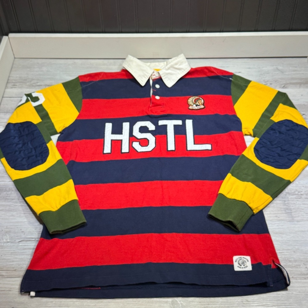 Hustle Gang Rugby Polo Shirt Men Sz M Multi Color Striped Long Sleeve HSTL Patch
